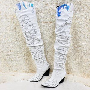 Western Thigh high cowboy slouch boots white